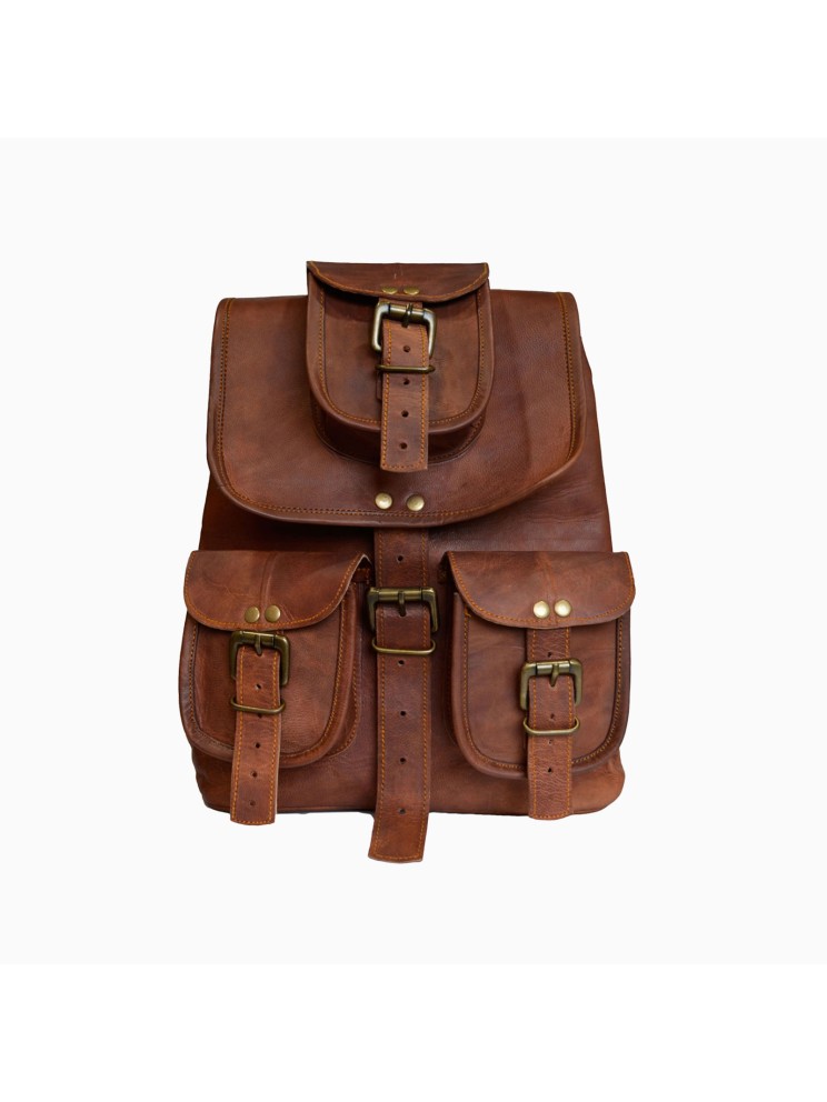 Vintage Hiking Daypack Genuine Brown Leather Shoulder Bag Travel Backpack