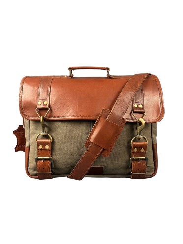 Madosh Genuine Brown Leather  Canvas Laptop Men’s Briefcase Side Crossbody Office Shoulder Business Messenger Laptop Handbag for men