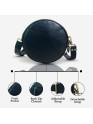 Madosh Stylish Round Crossbody Bag for Women – Small Circular Genuine Leather Purse with Adjustable Strap Black Side Shoulder Fashion Handbag