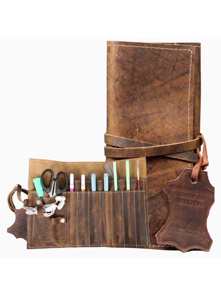 Pencil Roll-Up Holder Genuine Leather Pen Case Brush Pouch Handcrafted Organizer