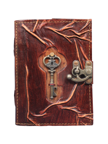 Genuine Leather Journal with Lock and Key – 7x5" Tree Branch Embossed Writing Notebook with 200 Unlined Pages – Handmade Diary with Clasp Lock – For Writing, Drawing & Gifting