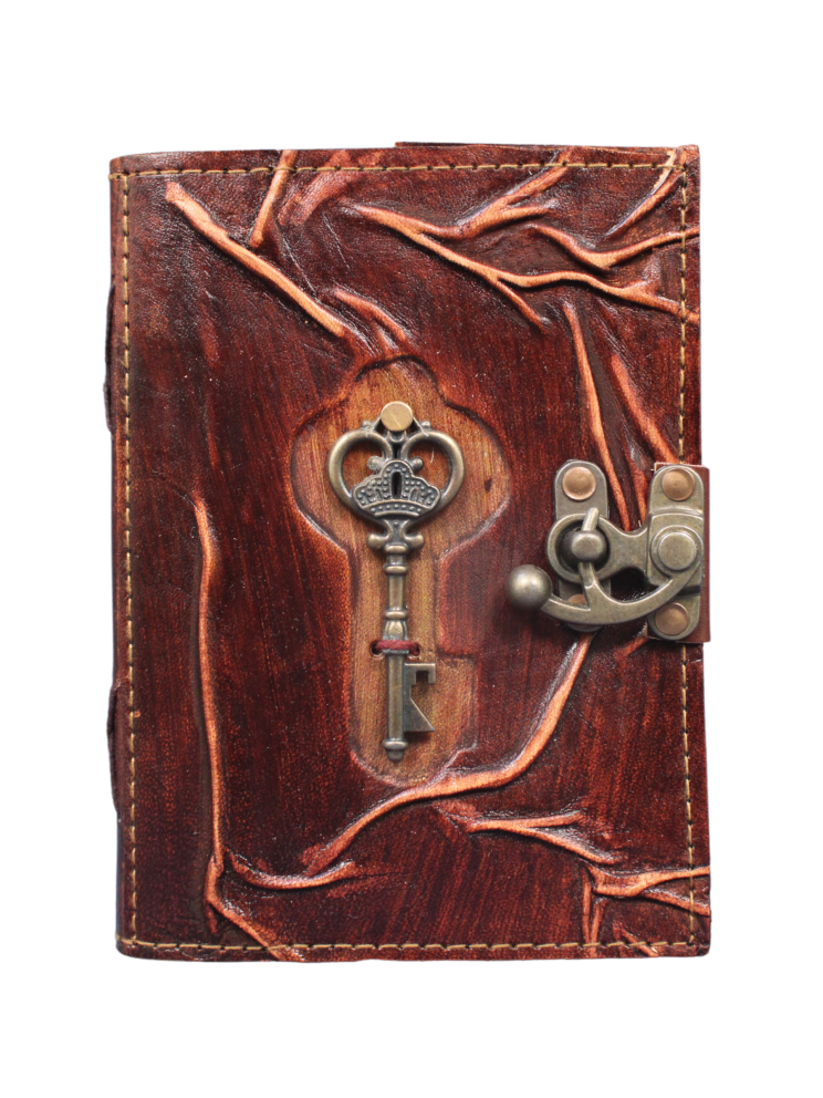 Genuine Leather Journal with Lock and Key – 7x5" Tree Branch Embossed Writing Notebook with 200 Unlined Pages – Handmade Diary with Clasp Lock – For Writing, Drawing & Gifting