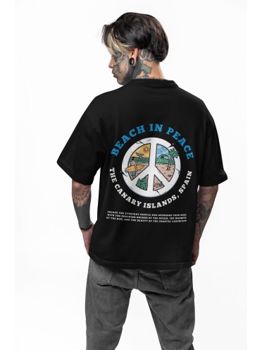Men's Oversized Drop Shoulder T-Shirt | Printed Men's Tshirt | 100% Cotton (240gsm) | Round Neck Tshirt Peace Symbol Beach Print (IN, Alpha, M, Plus, Black)