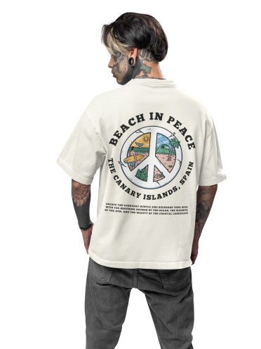 Men's Oversized Drop Shoulder T-Shirt | Printed Men's Tshirt | 100% Cotton (240gsm) | Round Neck Tshirt Peace Symbol Beach Print (IN, Alpha, L, Plus, Off White)