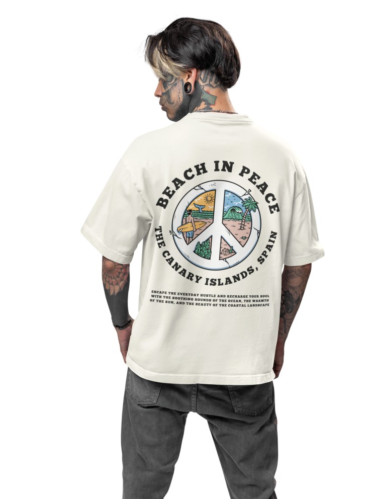 Men's Oversized Drop Shoulder T-Shirt | Printed Men's Tshirt | 100% Cotton (240gsm) | Round Neck Tshirt Peace Symbol Beach Print (IN, Alpha, L, Plus, Off White)