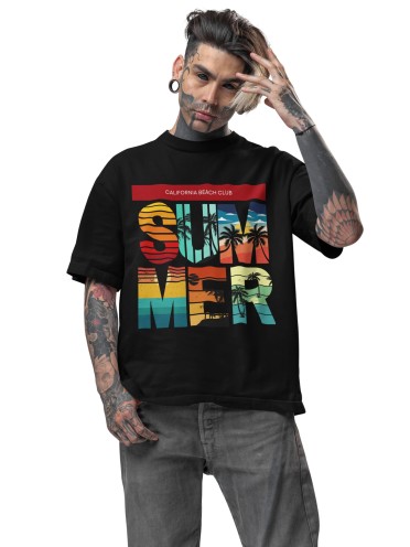 Oversized Drop Shoulder Men's Summer Beach Graphic Tshirt | Round Neck Printed t-Shirt 100% Cotton (240gsm) | Beach Wear Tshirt | Men's Printed Top (IN, Alpha, XL, Plus, Black)