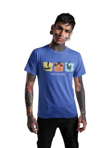 Blue Recycled Cotton Regular Fit Men's T-Shirt | Mens Printed Tshirt | Mens Round Neck Beach Waves Holiday Tshirt (IN, Alpha, L, Regular, Blue)