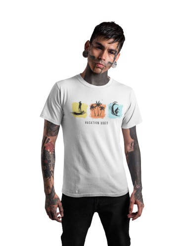 White Recycled Cotton Regular Fit Men's T-Shirt | Mens Printed Tshirt | Mens Round Neck Beach Waves Holiday Tshirt
