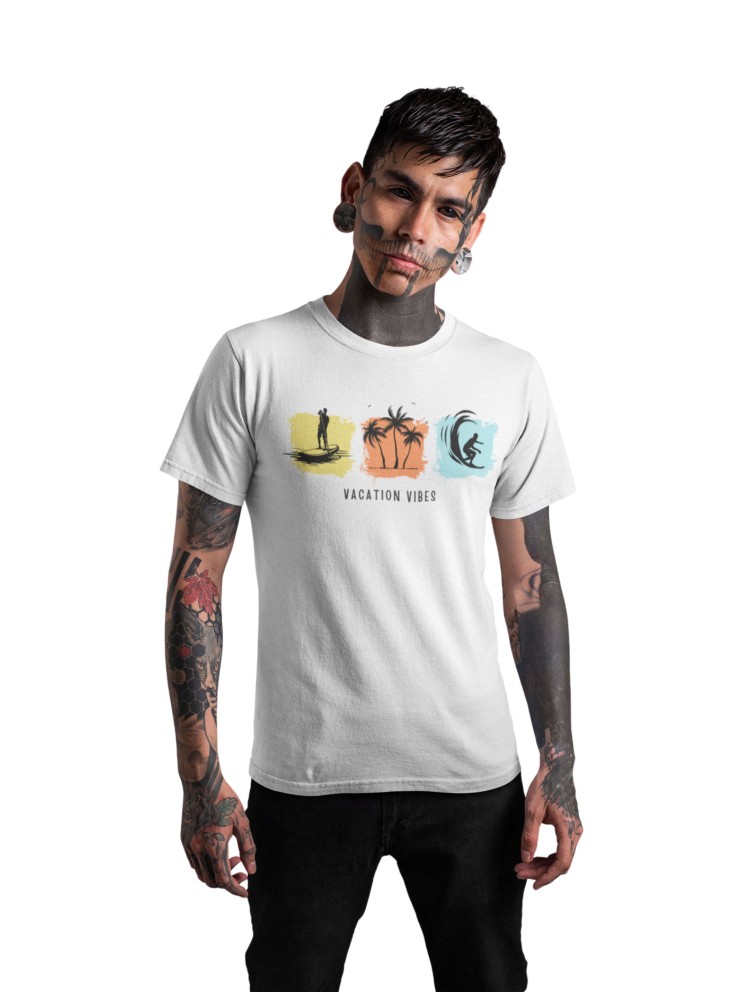White Recycled Cotton Regular Fit Men's T-Shirt | Mens Printed Tshirt | Mens Round Neck Beach Waves Holiday Tshirt