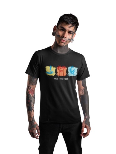 Black Recycled Cotton Regular Fit Men's T-Shirt | Mens Printed Tshirt | Mens Round Neck Beach Waves Holiday Tshirt (IN, Alpha, S, Regular, Black)