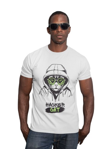 White Recycled Cotton Regular Fit Men's T-Shirt | Mens White Printed Tshirt | Mens Round Neck Cat Printed Tshirt