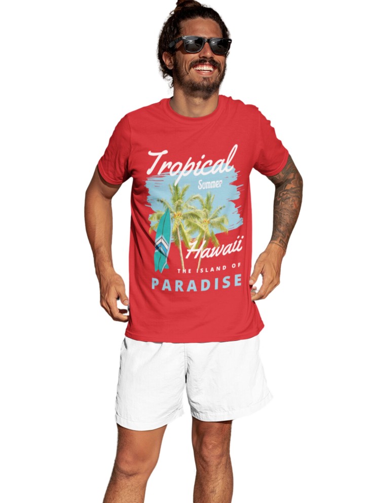Cotton Men's t-Shirt Printed Beach Wear Tshirt | Round Neck Summer Holidays Tshirt (IN, Alpha, S, Regular, Red)