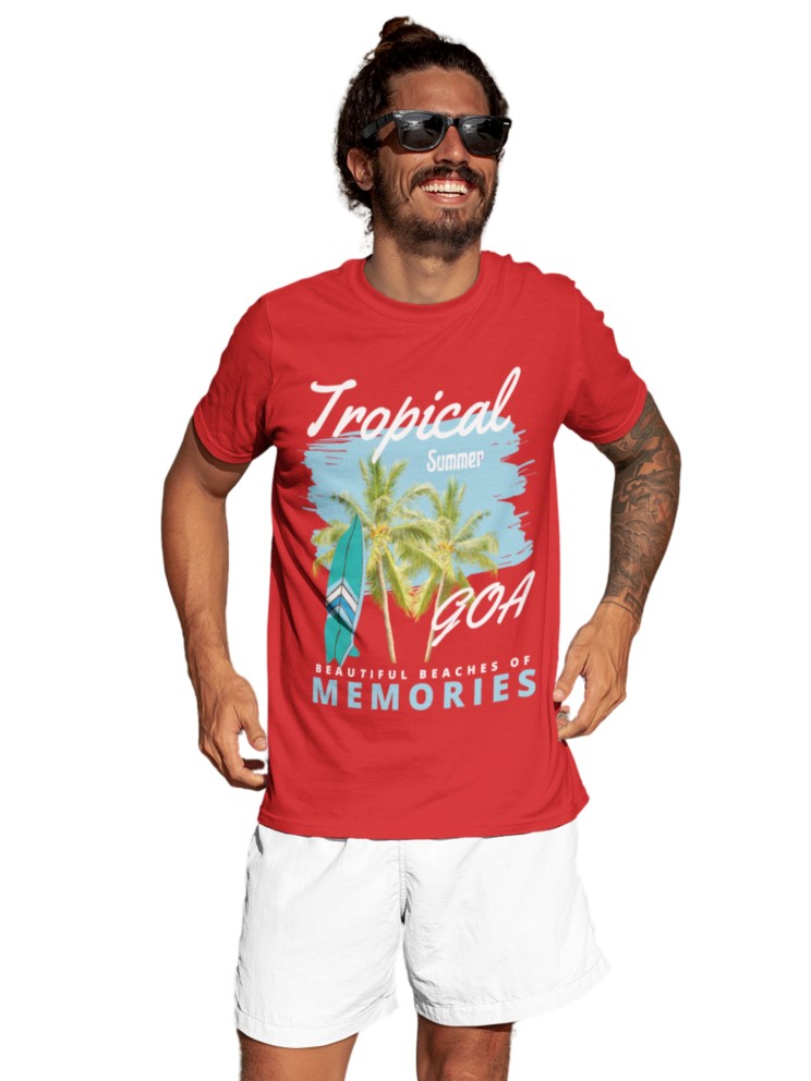 Men's 100% Cotton Goa Printed t-shirt | Round Neck Summer Holidays t-shirt | Half Sleeve Graphic Tshirt (IN, Alpha, S, Regular, Red)