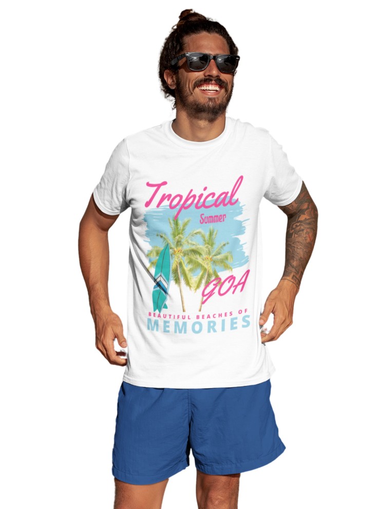 Men's 100% Cotton Goa Printed t-shirt | Round Neck Summer Holidays t-shirt | Half Sleeve Graphic Tshirt (IN, Alpha, S, Regular, White)